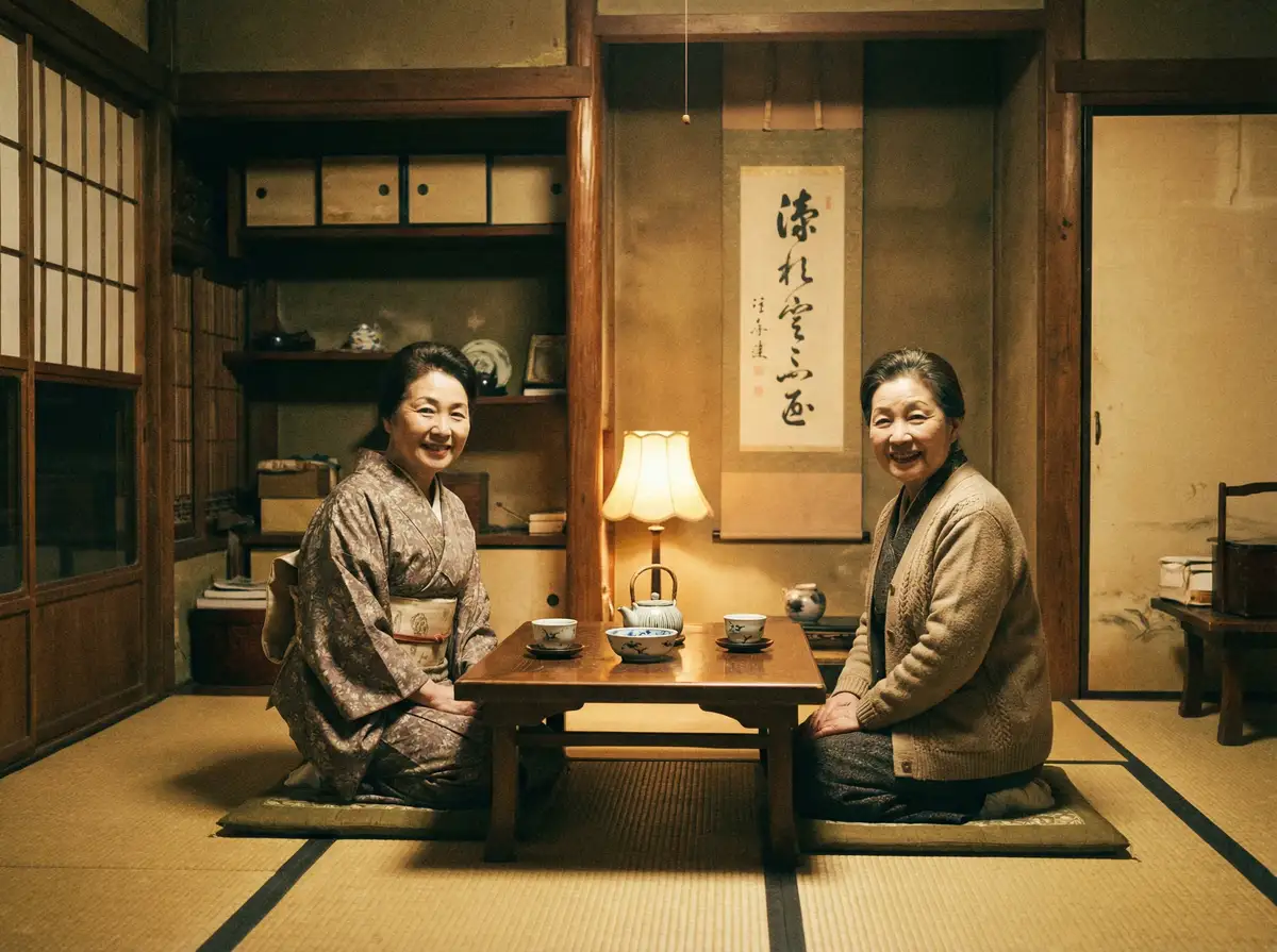 两位优雅的 oety欧亿体育平台 在日式茶室中品茶交谈